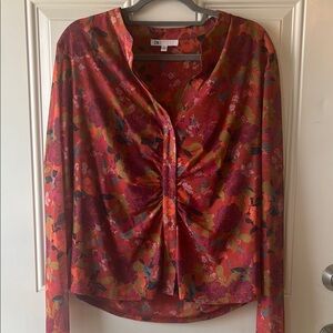 DR2 Red Ruched Blouse with Mandarin Collar